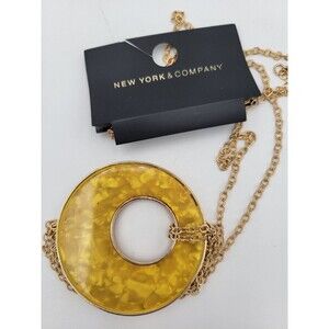 New York & Co Yellow Medallion Statement Necklace Long Gold Tone Chain 34"